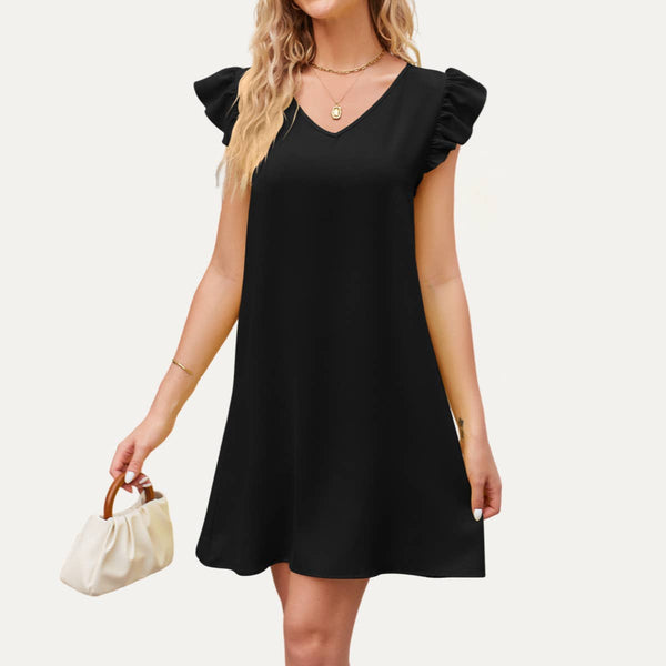 Stella Sweetheart V-Neck Ruffled Sleeveless Mini Dress -Black