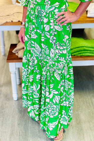 The Q2 Tiered Floral Maxi Skirt - Green