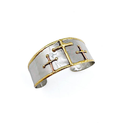 The Blessing Cuff: Mixed Metal Cuff Bracelet - Three Gold Crosses