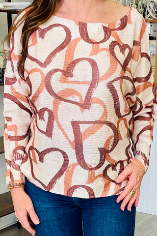 Italian Beige Heart Printed Knitted Sweater