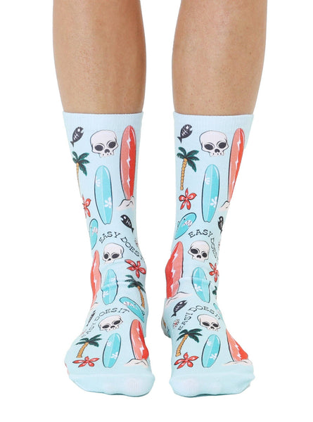 Novelty Graphic Crew Socks - Surfin' Extreme - Pale Blue