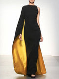 FINAL SALE Contrast Color Round-Neck One Arm Cape Maxi Dress