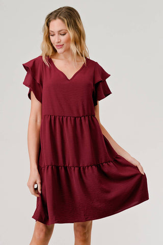 Nora Tiered Flutter Sleeve Game Day Dress - Burgundy