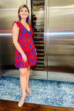 Q2 Red & Blue Short Floral V-Neck Flowy Dress