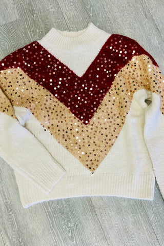 Q2 Burgundy & Beige Color Block Sequin Sweater