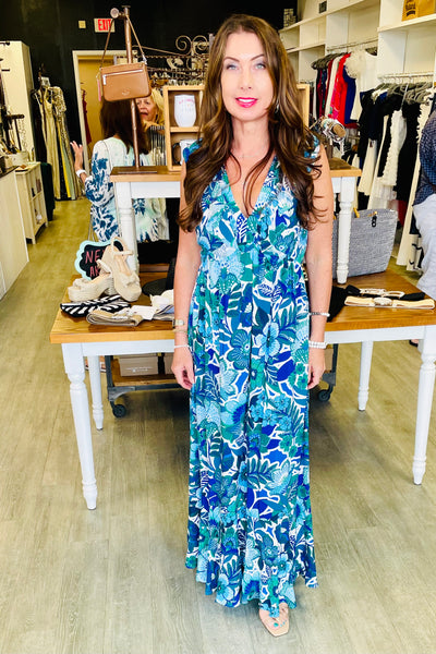 Andretta Floral Bayla Deep V Maxi Dress - Blue Multi