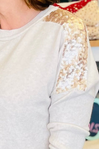 The Q2 Long Sleeved Sweater with Sequins on Shoulders - Beige