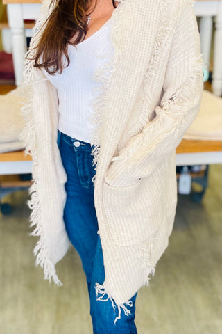 Q2 Ecru Boho Distressed Cardigan with Front Pockets - Cream