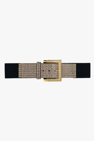 Wide Studded Strass Design & Squared Buckle - Black