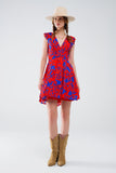 Q2 Red & Blue Short Floral V-Neck Flowy Dress