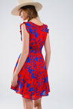 Q2 Red & Blue Short Floral V-Neck Flowy Dress