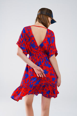 Q2 Red & Blue Short Floral Double V Flowy Dress