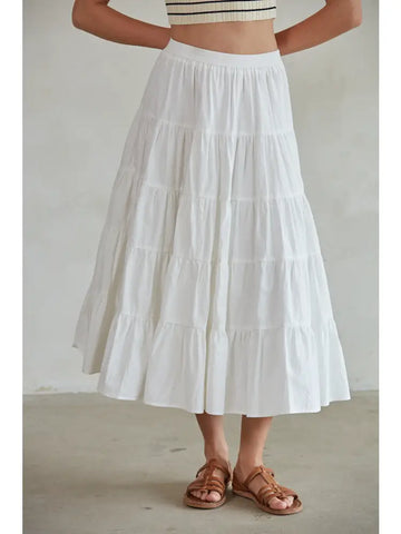 Woven Cotton Flare Ruffled Midi Skirt