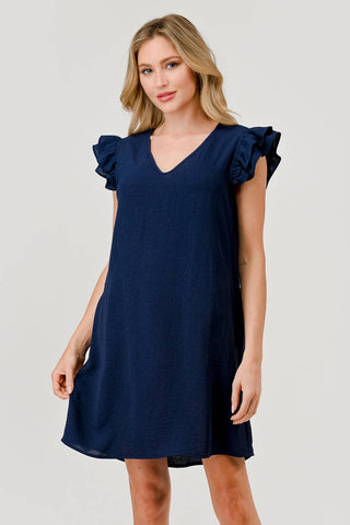 Katie V-Neck Ruffle Game Day Airflow Shift Dress - Navy