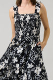 Kianza Floral Ember Smocked Midi Dress - Black/ White