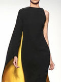 FINAL SALE Contrast Color Round-Neck One Arm Cape Maxi Dress